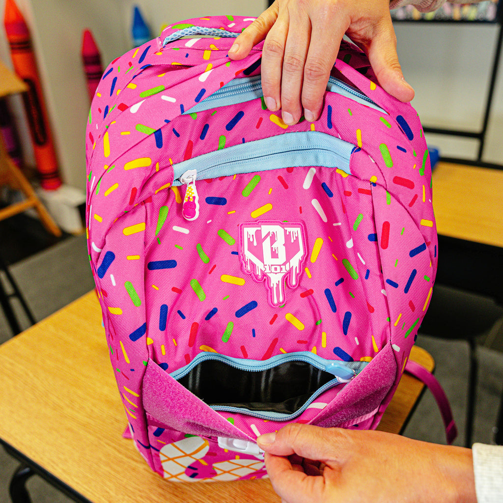 Pink backpack with "Strawberry Ice Cream  SZN 2" design — back view