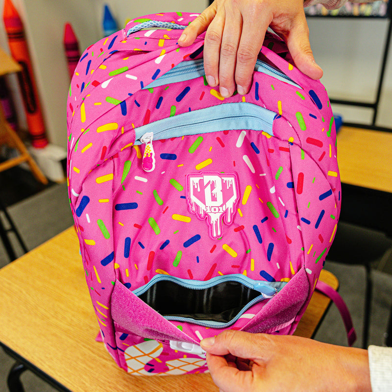 Pink backpack with "Strawberry Ice Cream  SZN 2" design — back view