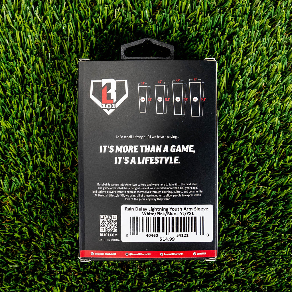 Back of the BL101 arm sleeve retail box on green turf showing size chart brand tagline and Rain Delay Lightning Youth Arm Sleeve barcode label priced at 14.99