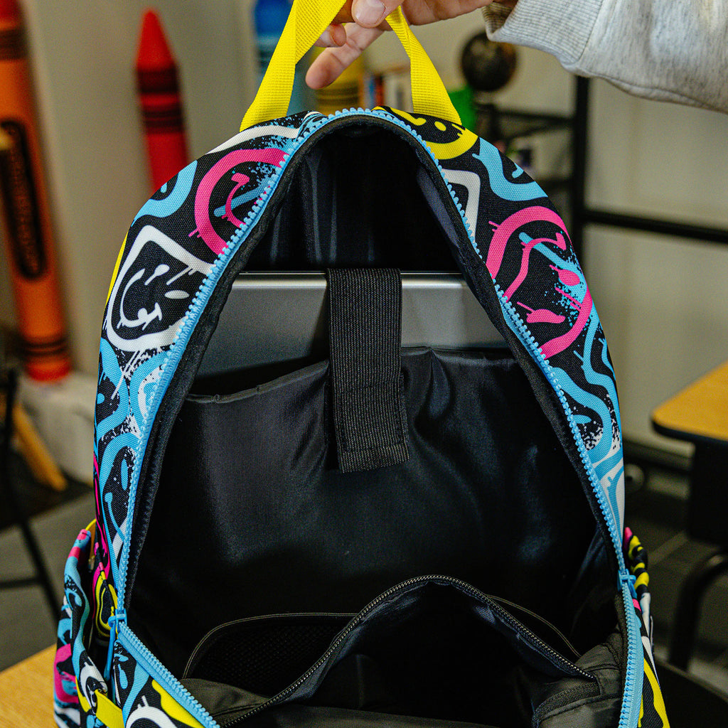 Multi-Color backpack with "Smiley Slugger Rotation" design — back view