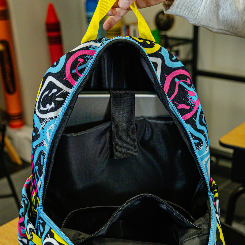 Multi-Color backpack with "Smiley Slugger Rotation" design — back view