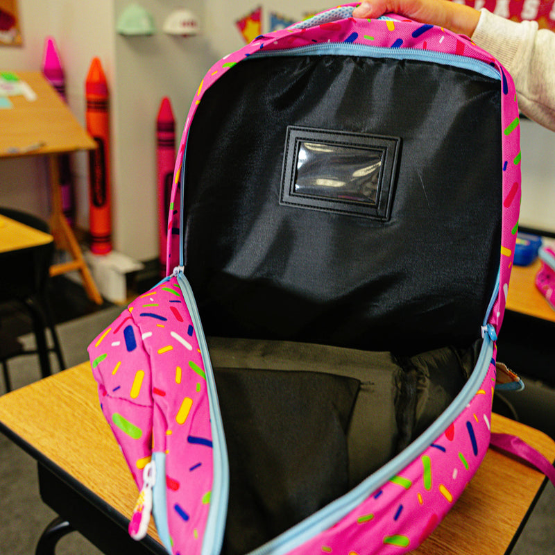 Pink backpack with "Strawberry Ice Cream  SZN 2" design — back view