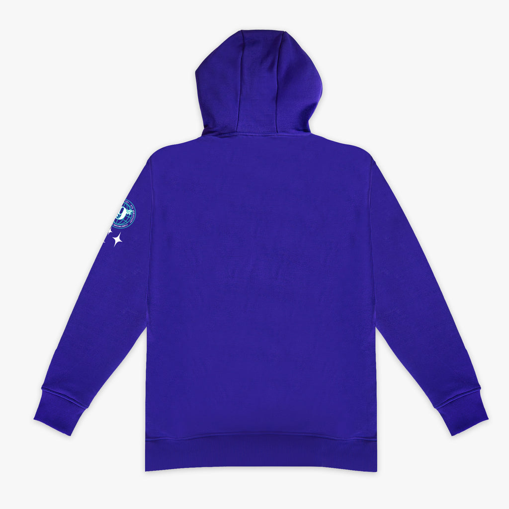 Purple hoodie with a 9 logo on the sleeve against a white background