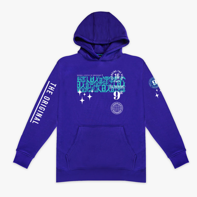Purple hoodie with 'THE ORIGINAL' text and blue BL101 logo graphics on a white background