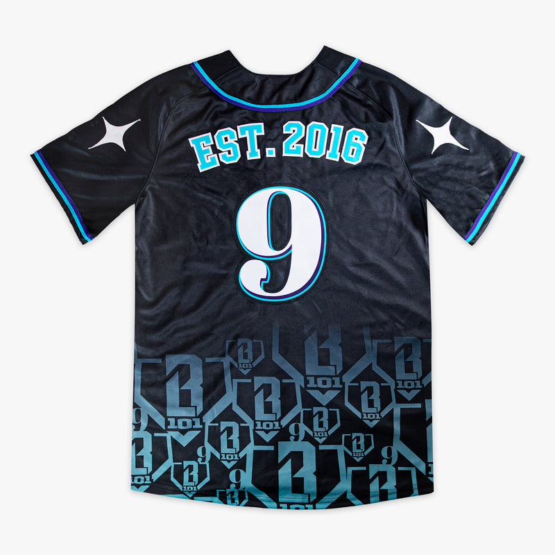 Black sports jersey with blue and purple accents and 'EST. 2016 9' text on a white background