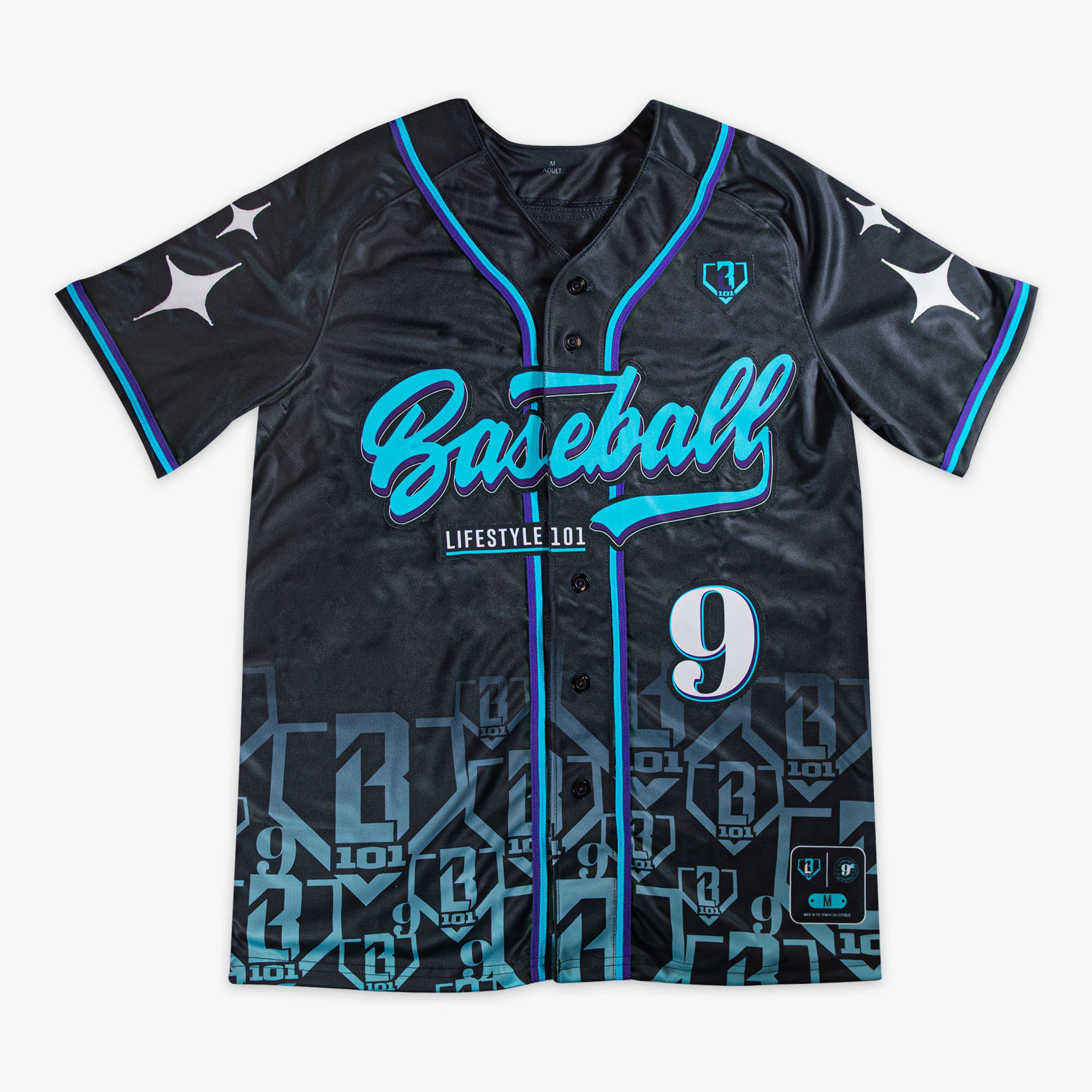 Black baseball jersey with blue and purple accents and blue 'Baseball Lifestyle 101' text on a white background