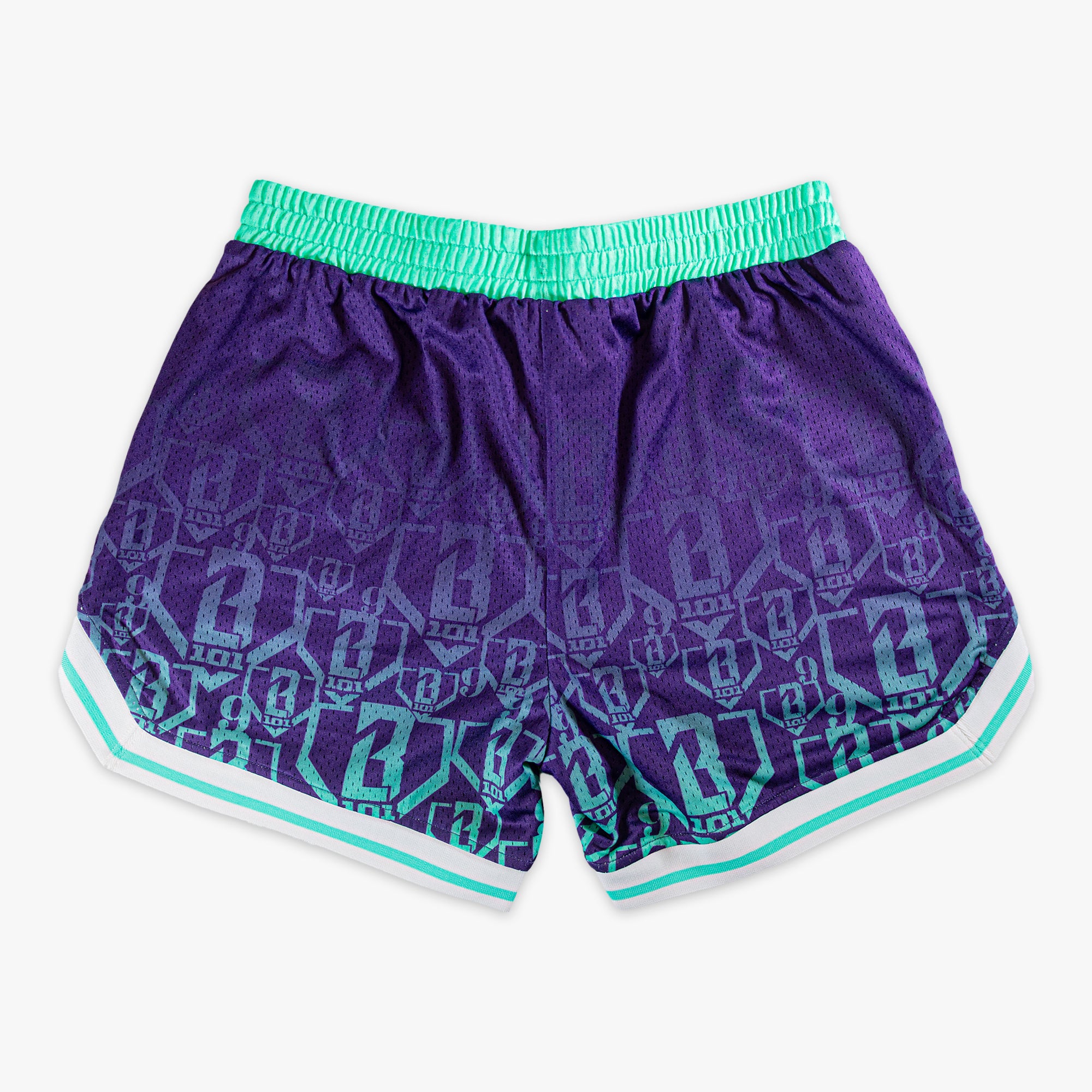 Purple shorts with green and white trim and gradient BL101 logos on a white background