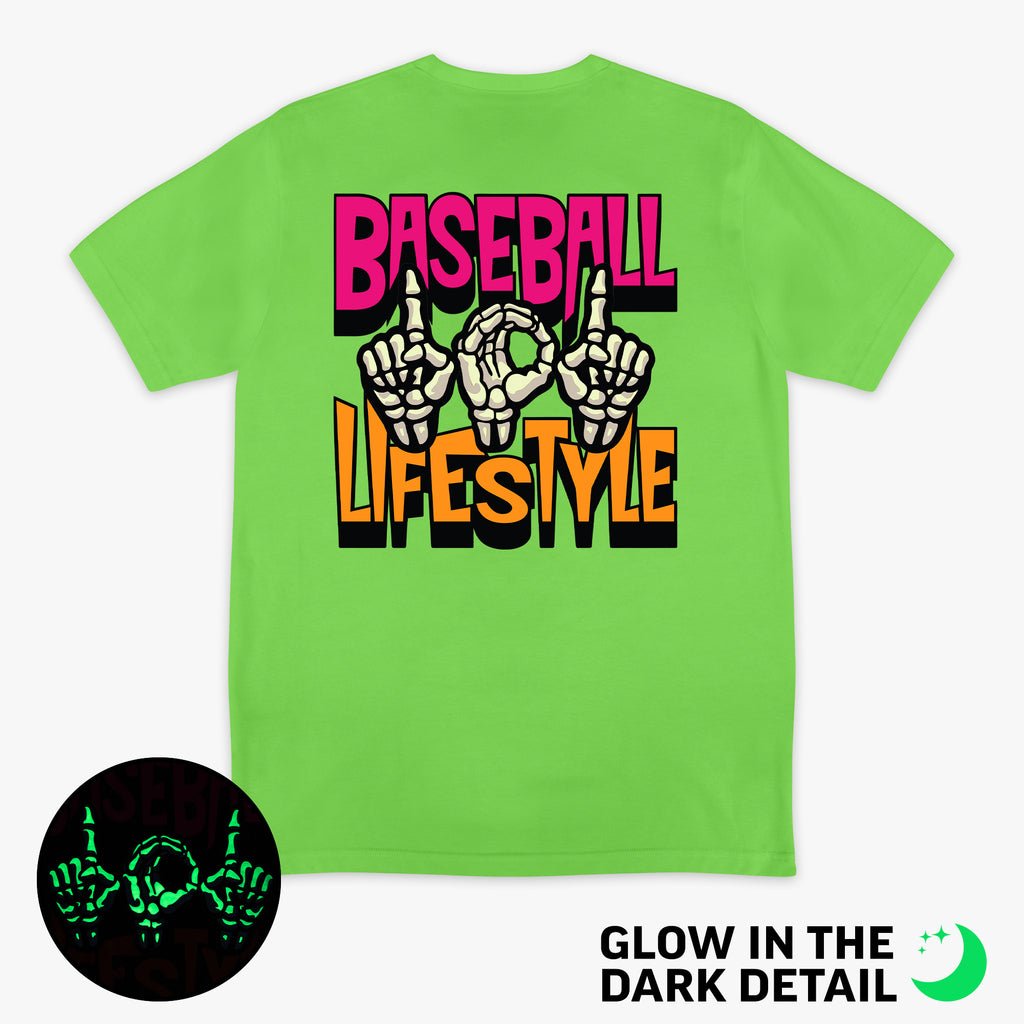 Green graphic tee with glow-in-the-dark "101 Skeleton" detail
