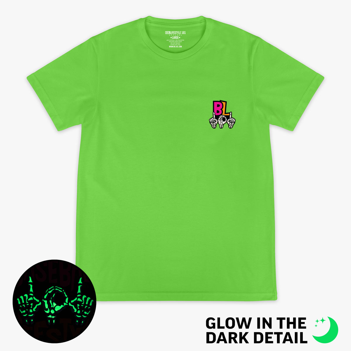 Green graphic tee with glow-in-the-dark "101 Skeleton" detail