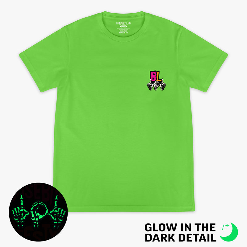 Green graphic tee with glow-in-the-dark "101 Skeleton" detail