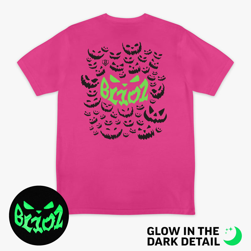 Pink graphic tee with glow-in-the-dark "Jack O' Lantern Team" detail
