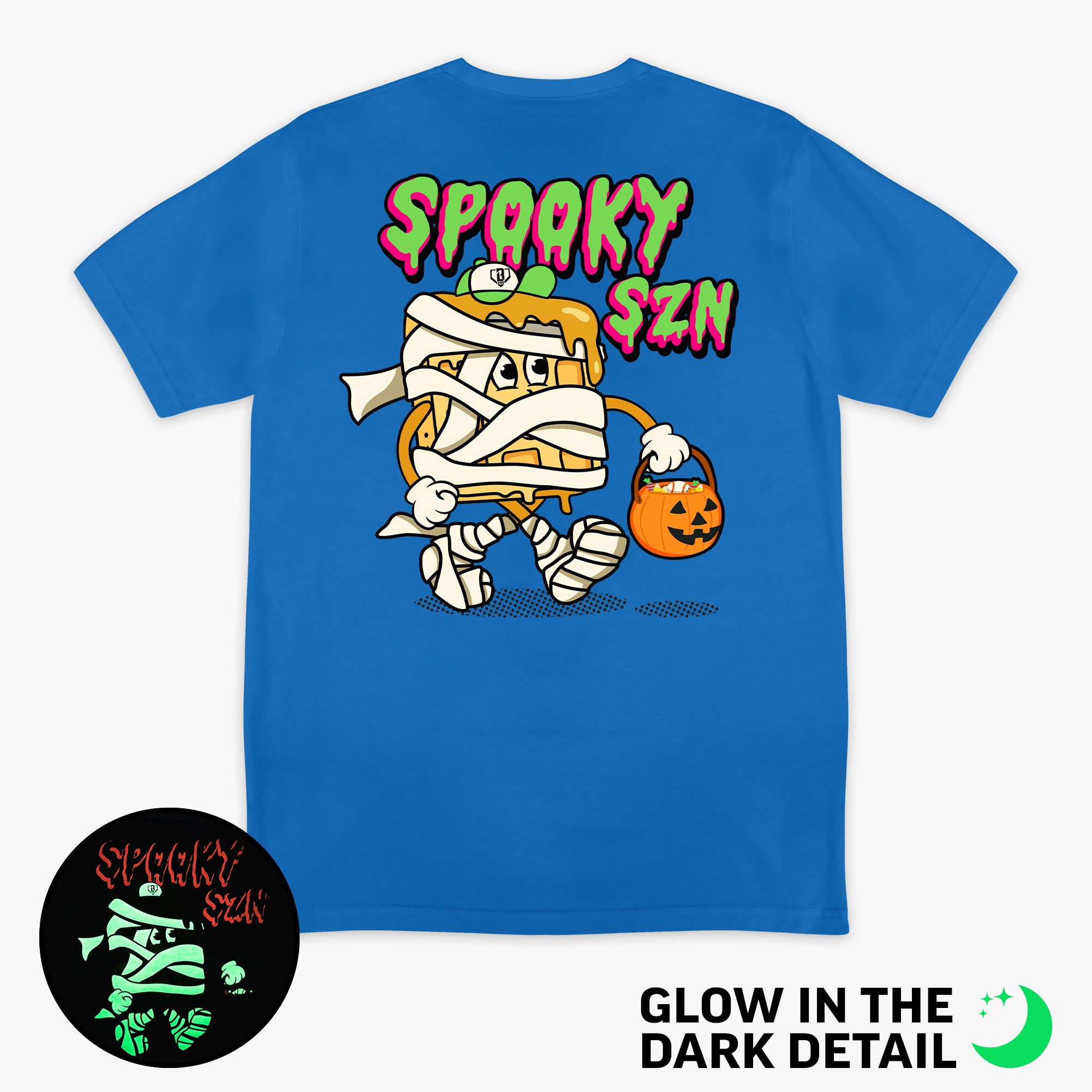 Blue graphic tee with glow-in-the-dark "Spooky SZN Waffle" detail