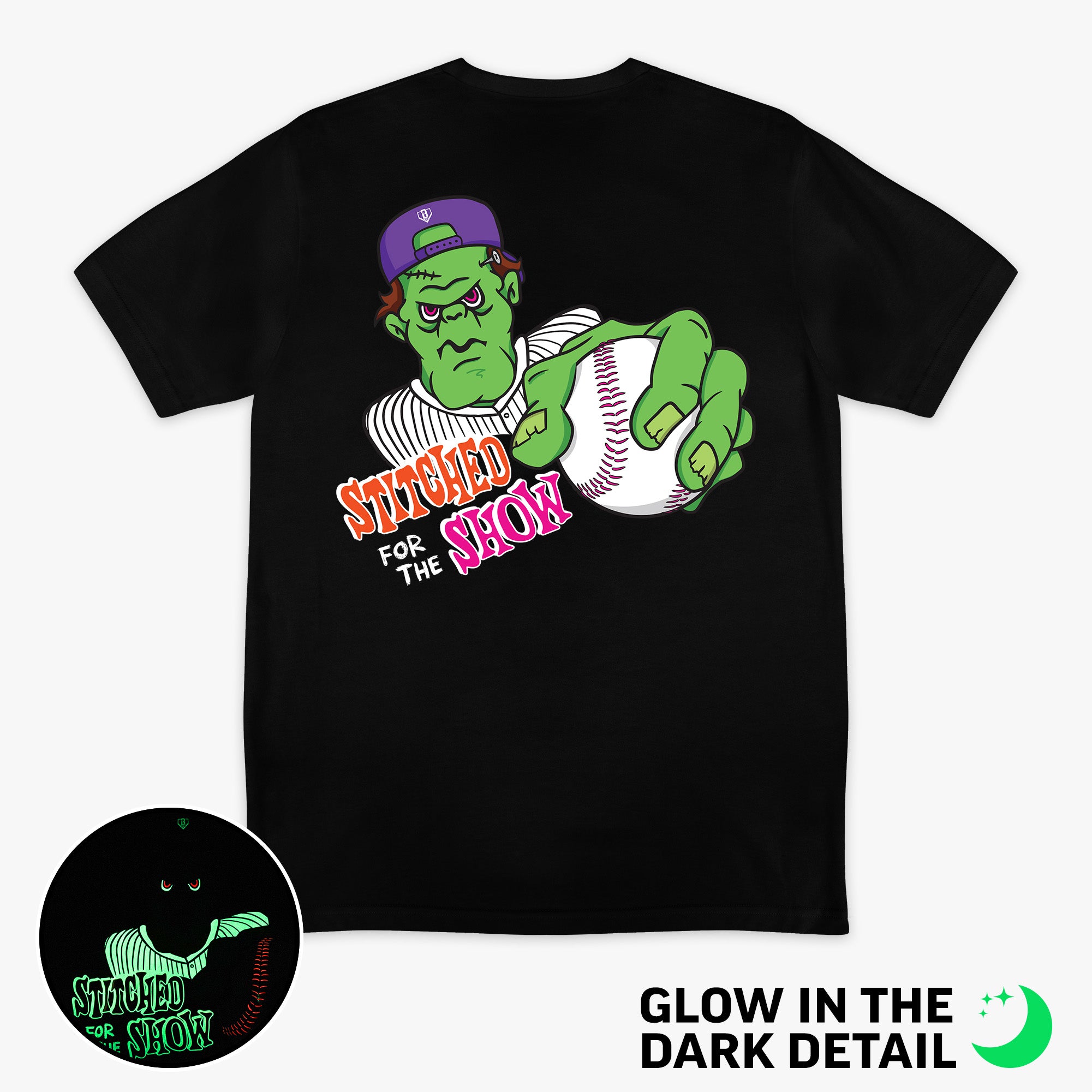Black graphic tee with glow-in-the-dark "Stitched For The Show" detail
