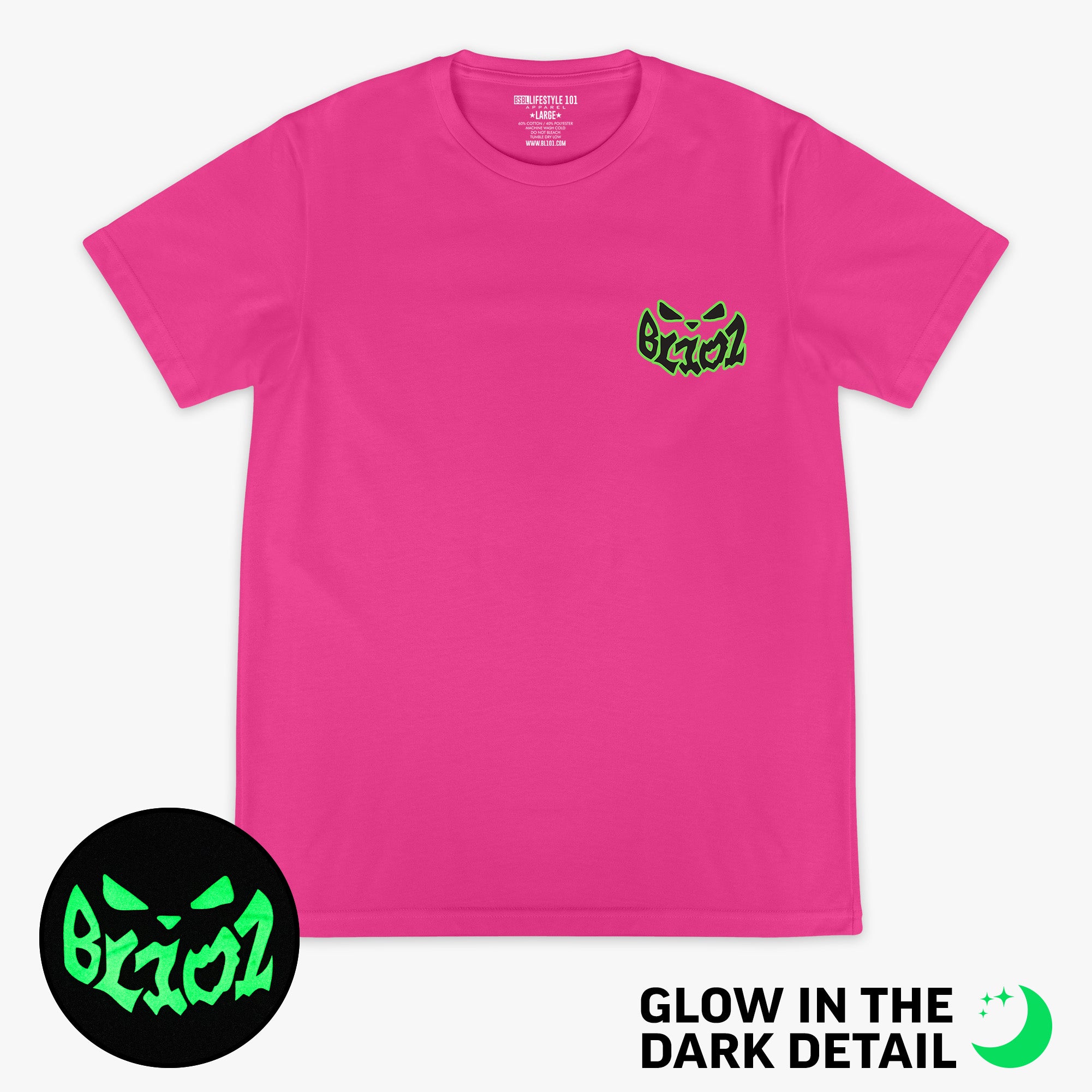 Pink graphic tee with glow-in-the-dark "Jack O' Lantern Team" detail