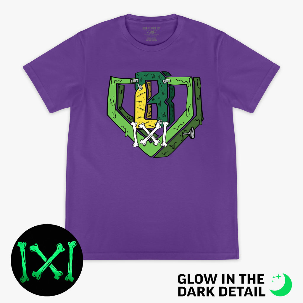 Purple graphic tee with glow-in-the-dark "Spooky SZN Stitch" detail