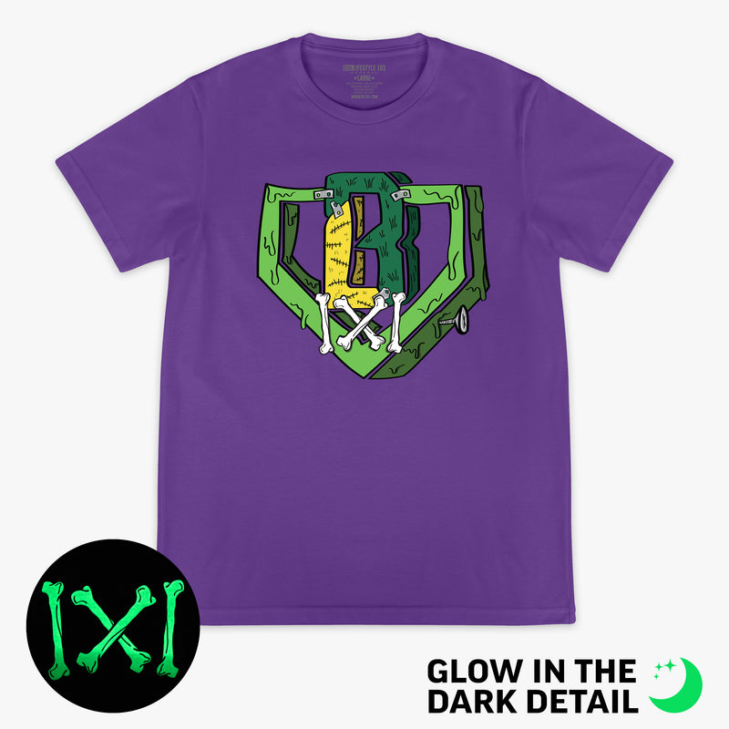 Purple graphic tee with glow-in-the-dark "Spooky SZN Stitch" detail