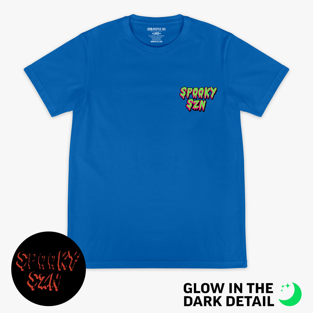 Blue graphic tee with glow-in-the-dark "Spooky SZN Waffle" detail