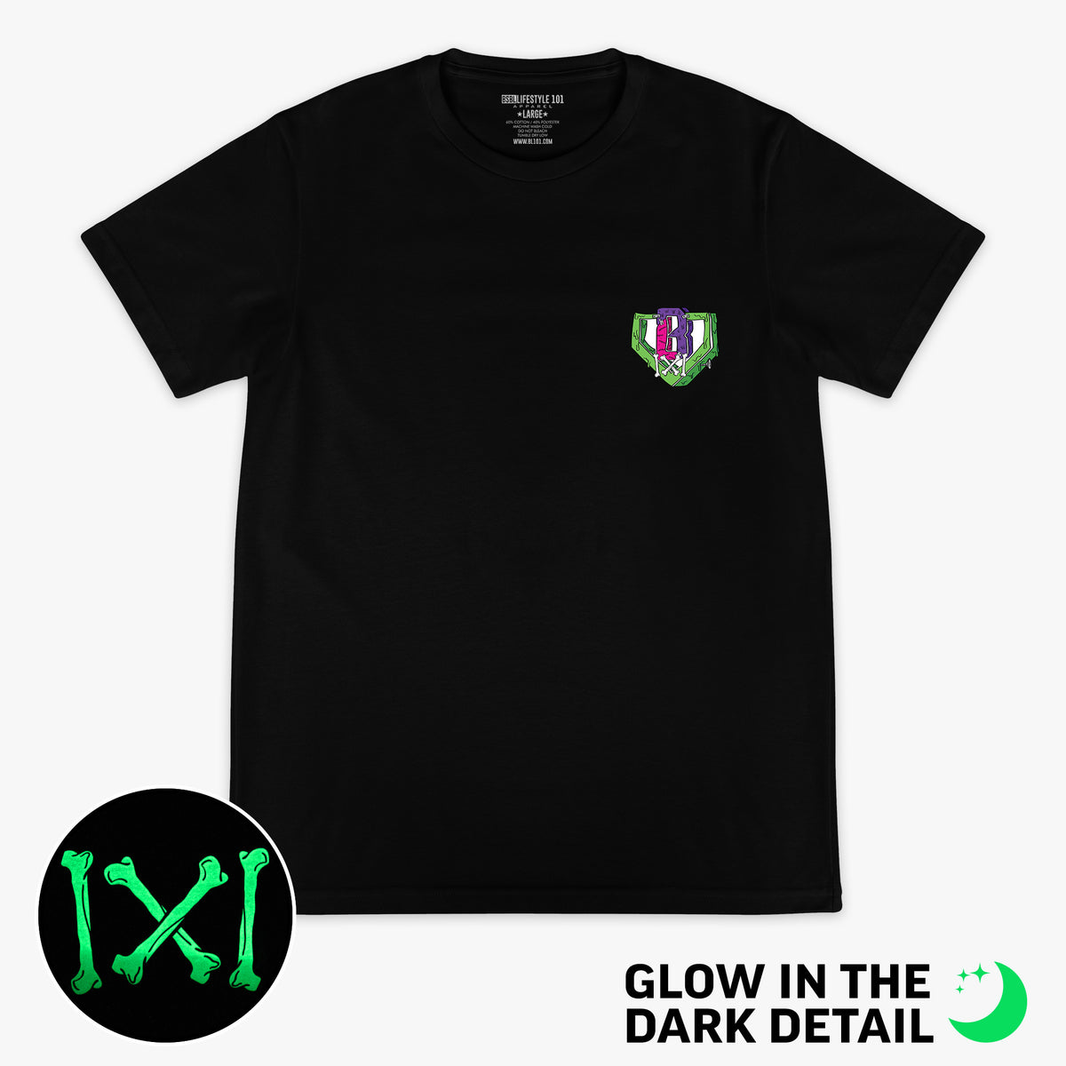 Black graphic tee with glow-in-the-dark "Stitched For The Show" detail