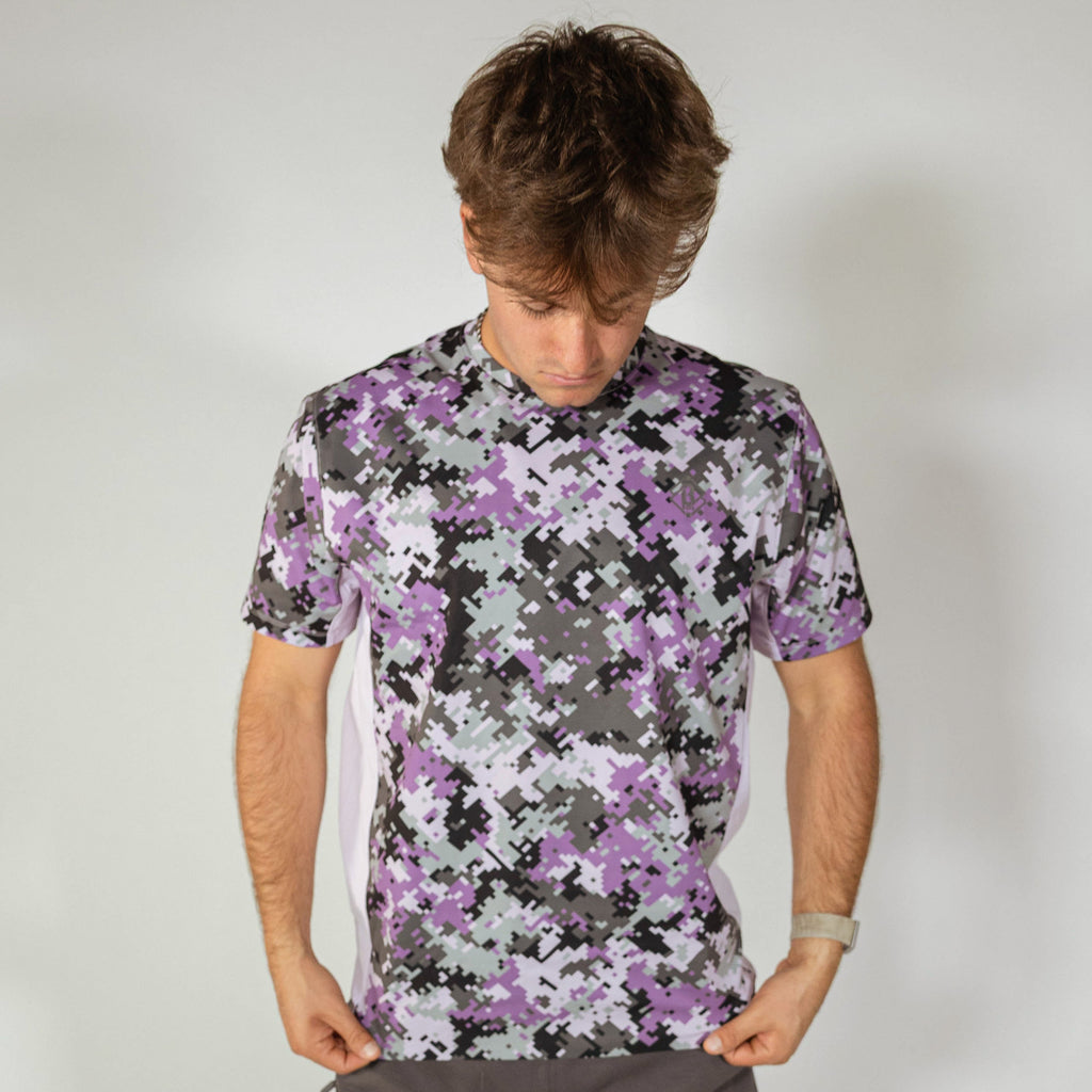 Adult model wearing multi-color Digi Camo Diamond Tech vented tee