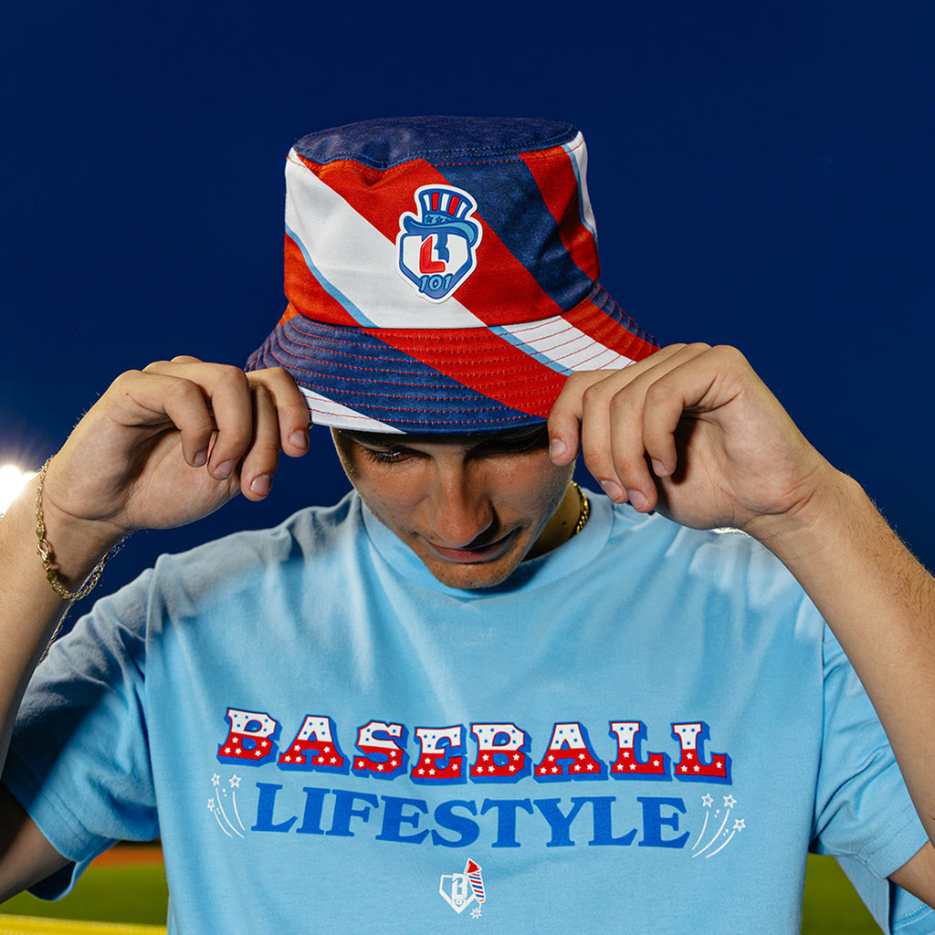 Red, white, and navy blue striped bucket hat Baseball Lifestyle 101 outfit