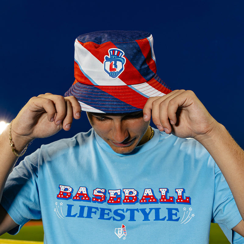 Red, white, and navy blue striped bucket hat Baseball Lifestyle 101 outfit