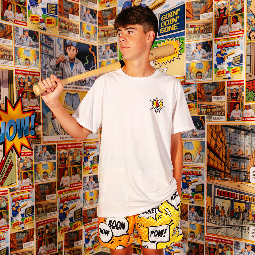 Adult model wearing Home Run Hero shorts