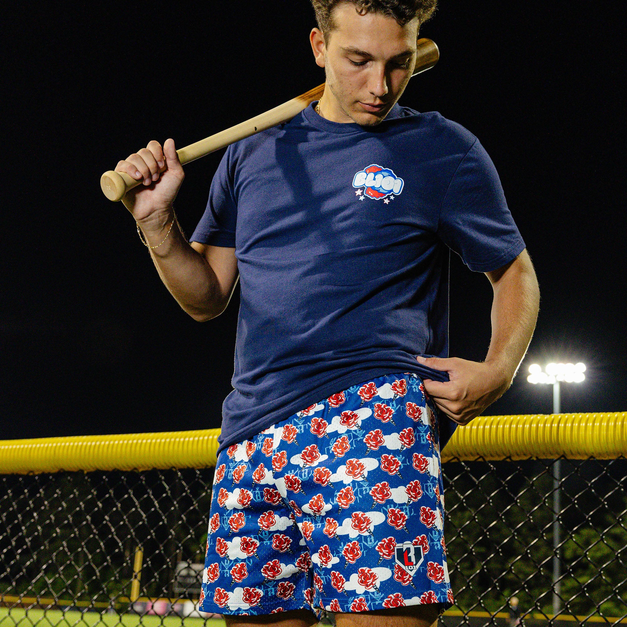 Adult model wearing red, white & blue Home Run Sugar USA shorts