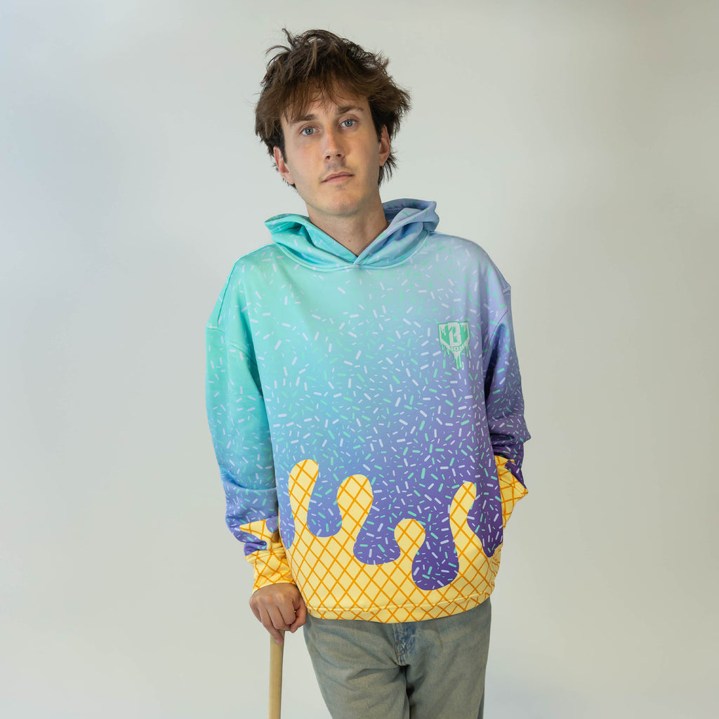 Adult model wearing multi-color Ice Cream Galaxy Grape hoodie with "Ice Cream" design