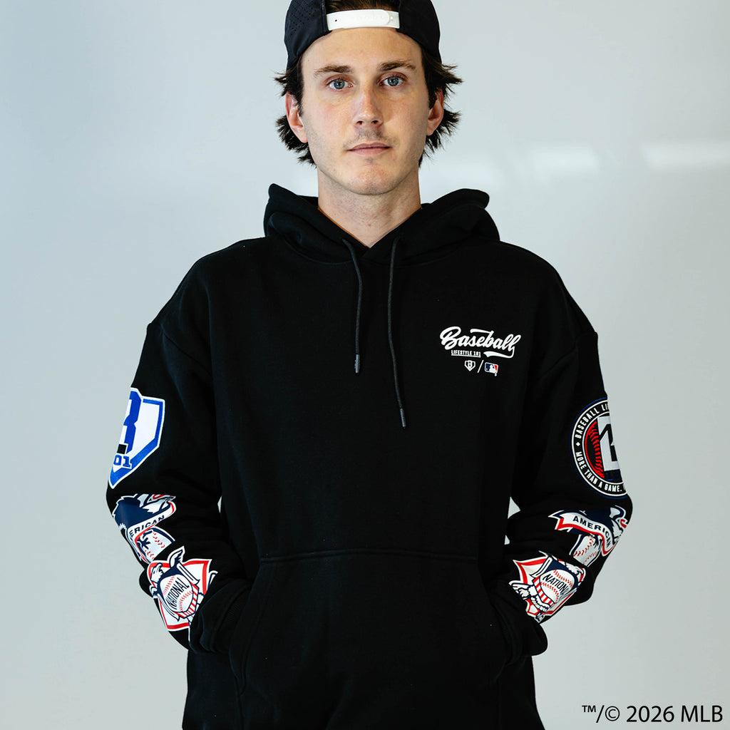 Adult model wearing black BL101 x MLB Established League hoodie