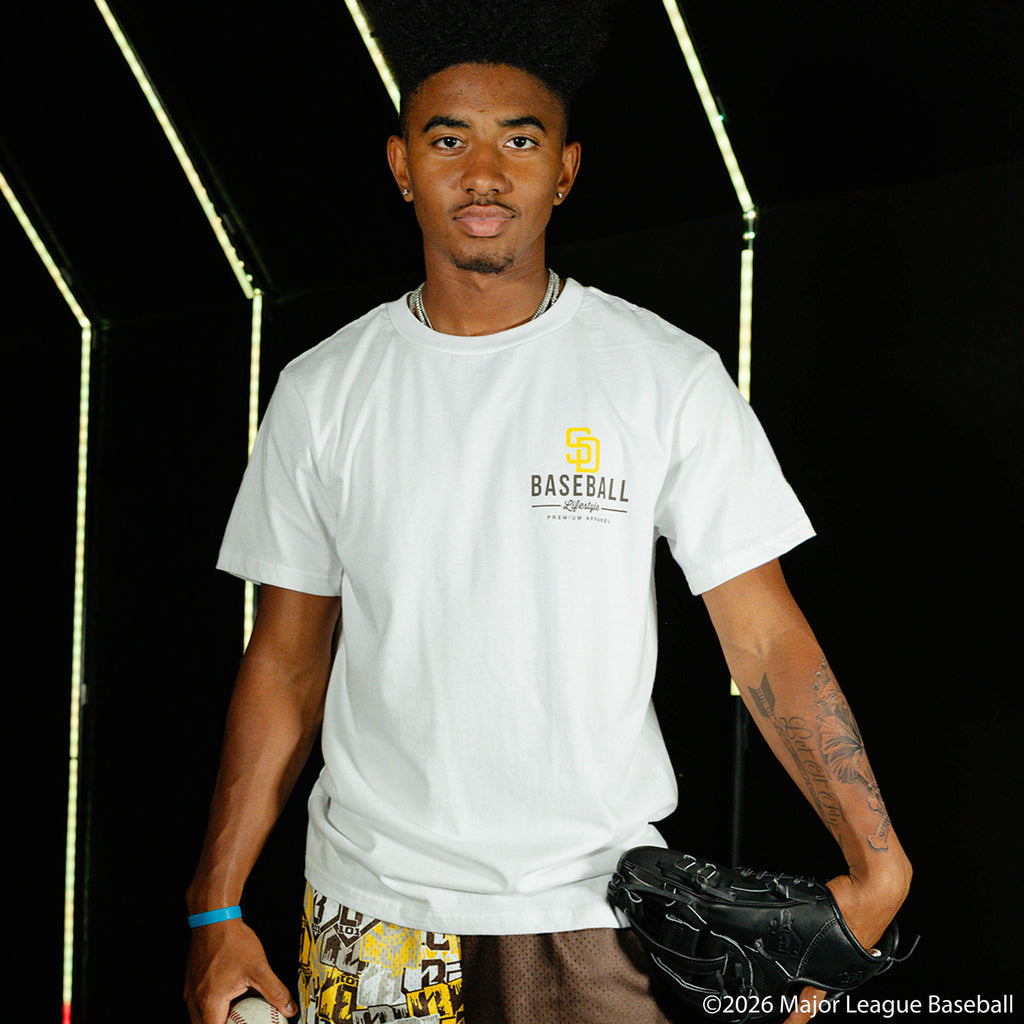 Adult model wearing white graphic tee with "San Diego Padres Ice Cream Cap" design
