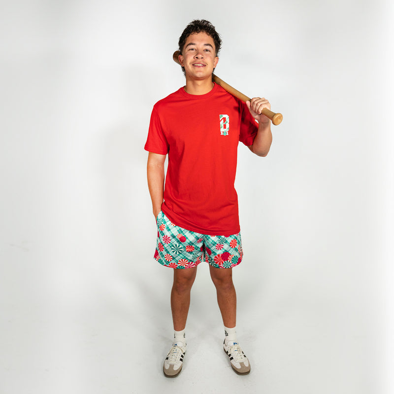 Adult model wearing teal shorts with "Peppermint Plaid" design