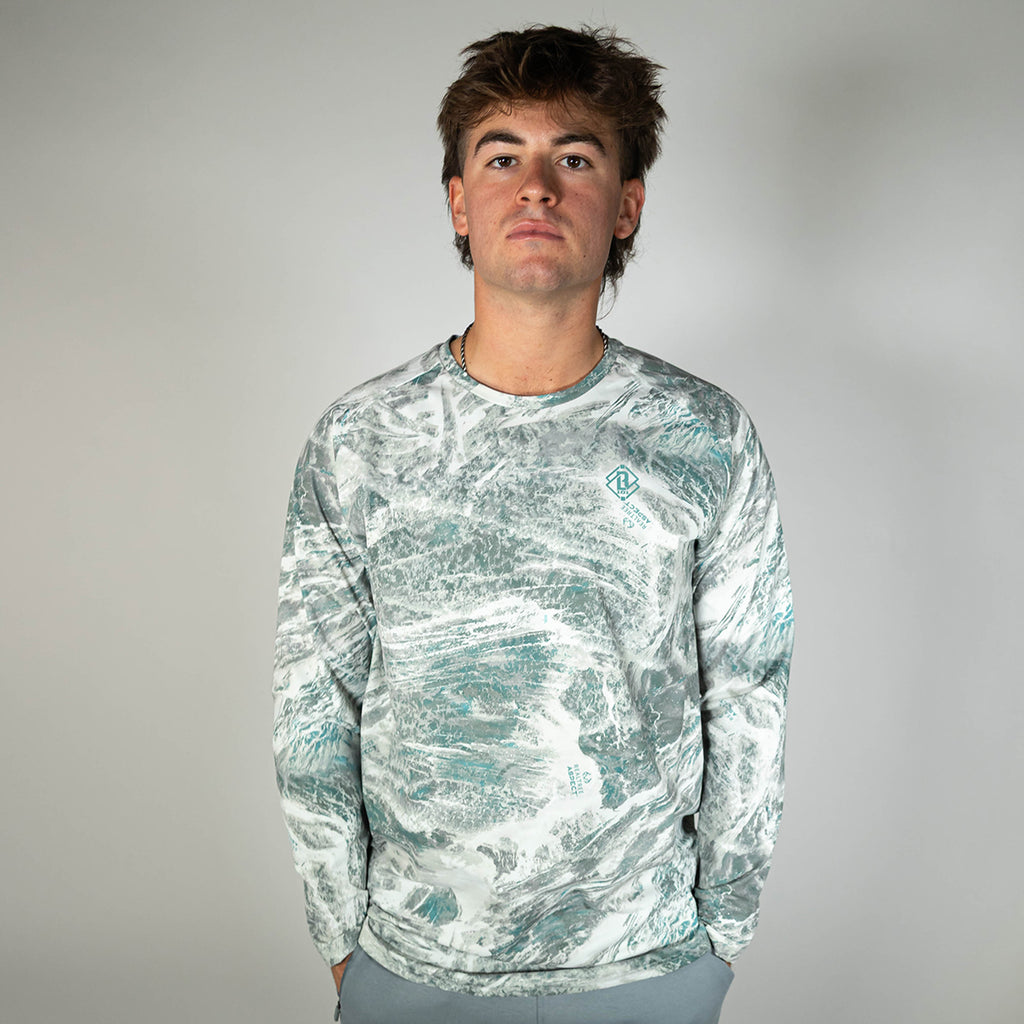 Adult model wearing gray Realtree Aspect Diamond Tech Camo long sleeve