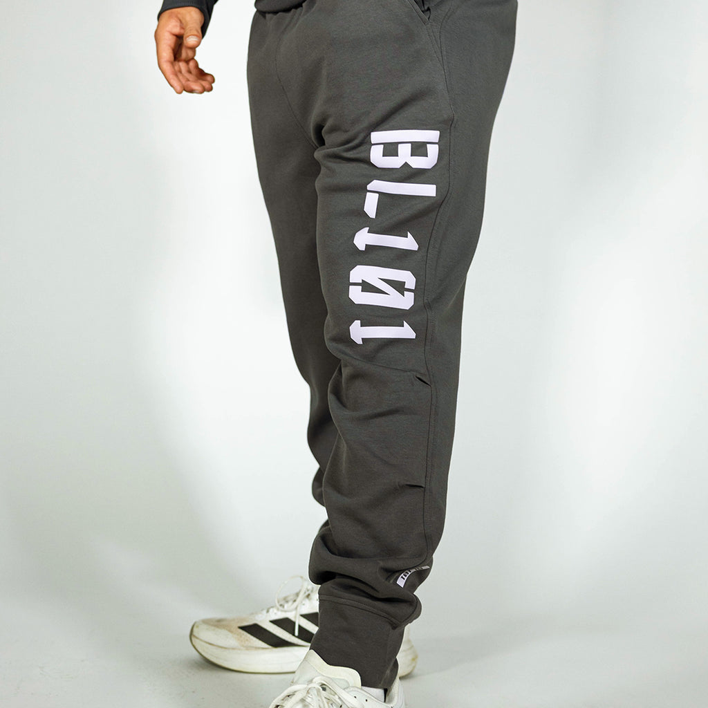 Adult model wearing gray and lilac Diamond Relaxed Fit joggers