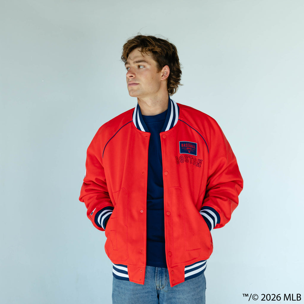 Adult model wearing red Boston Red Sox Stadium bomber jacket