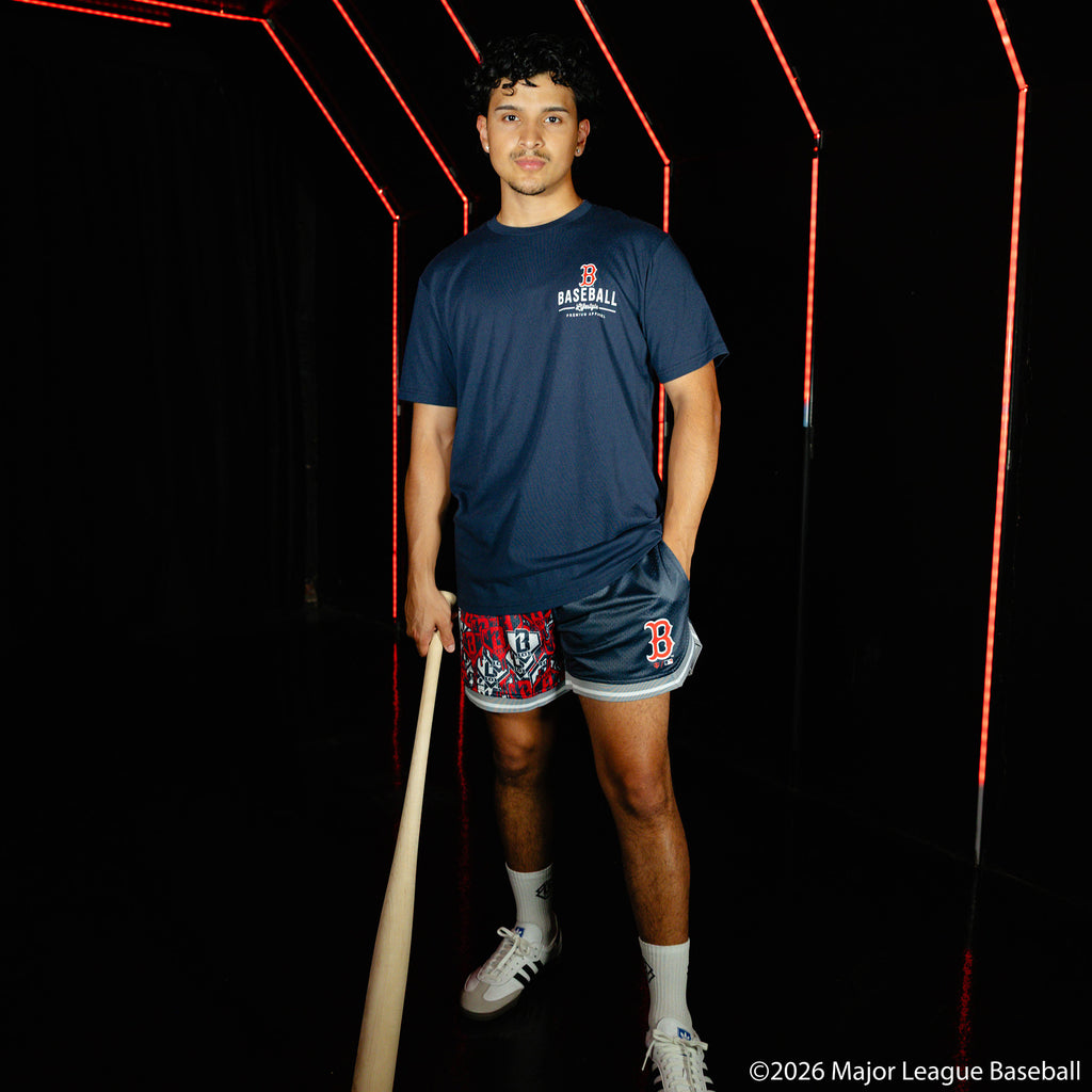 Adult model wearing navy graphic tee with "Boston Red Sox Ice Cream Cap" design
