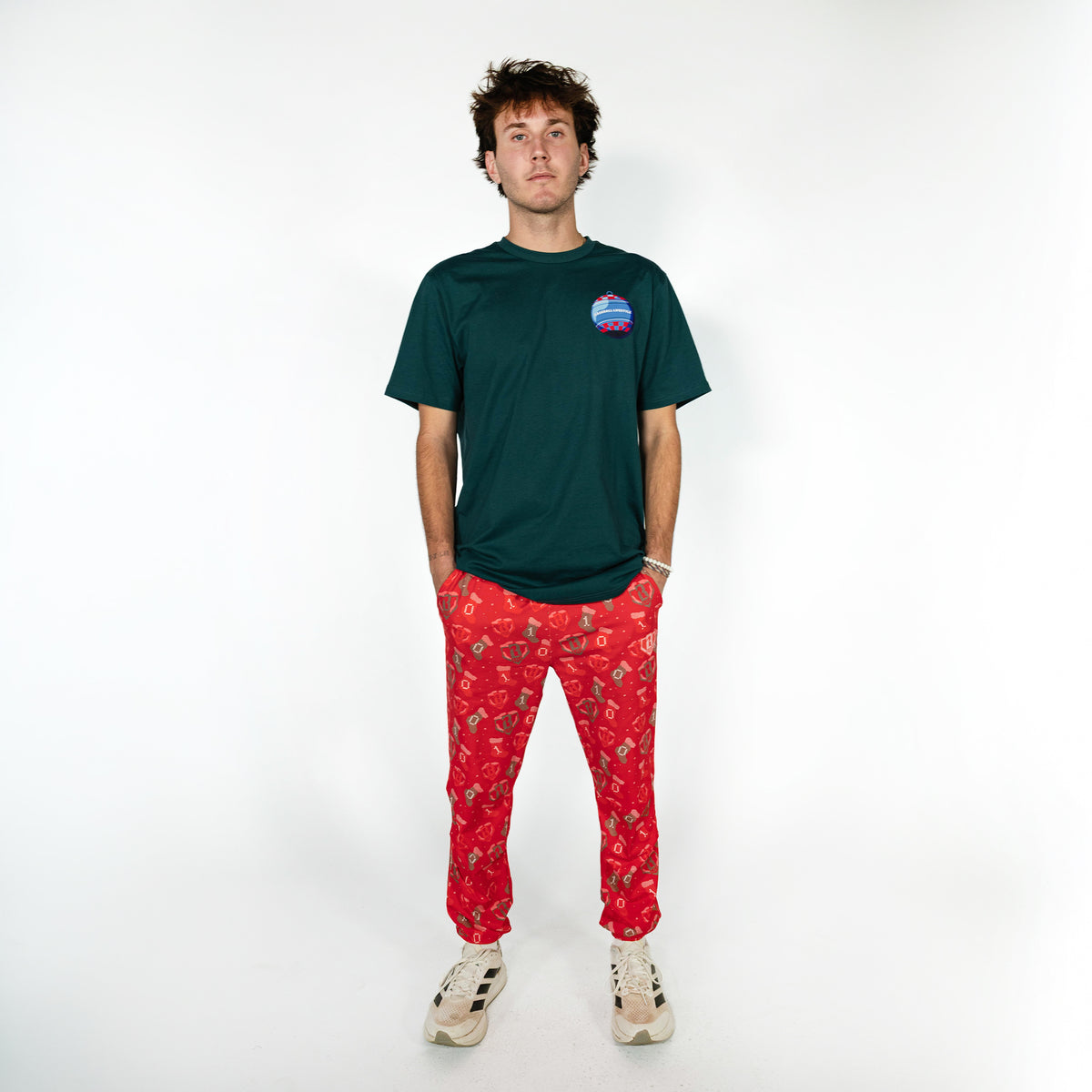 Adult model wearing red Stitched For The SZN pajama pants