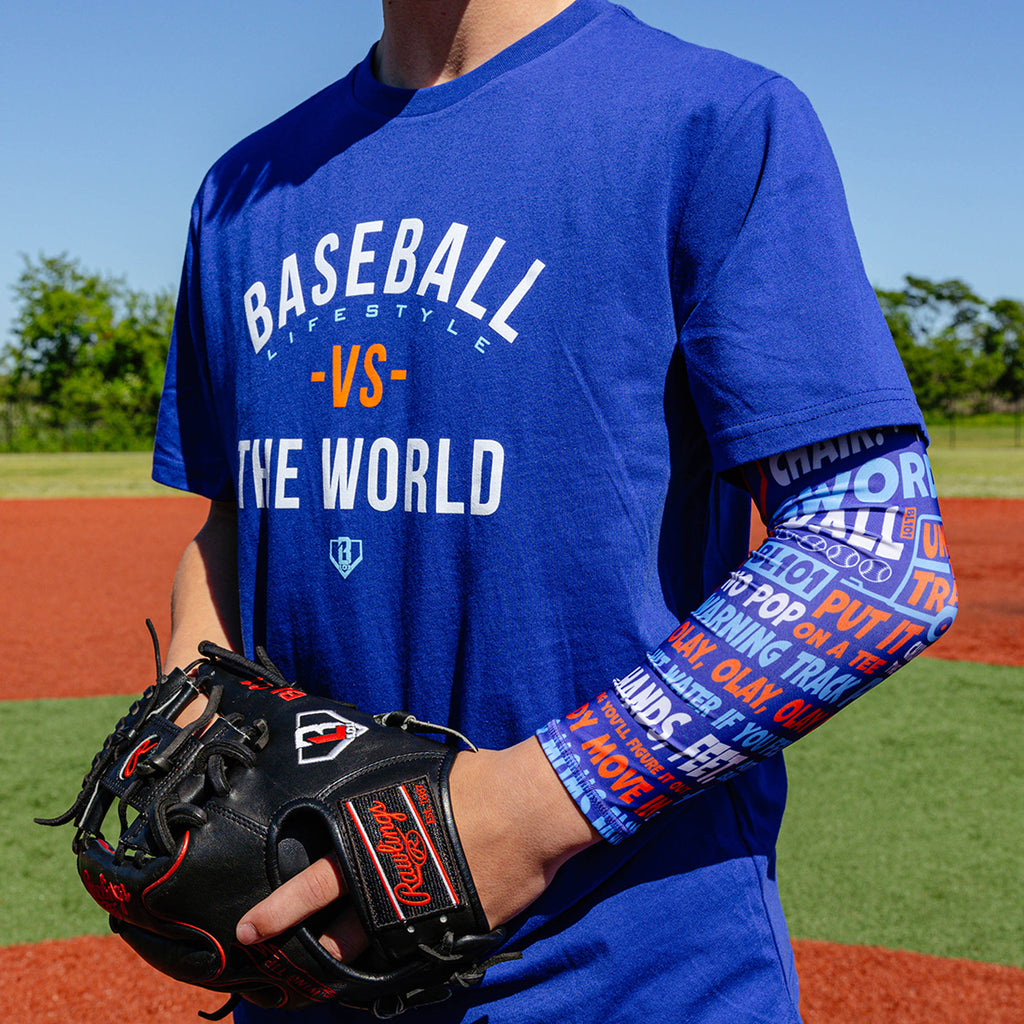 Adult model wearing multi-color arm sleeve with "Trash Talk" design