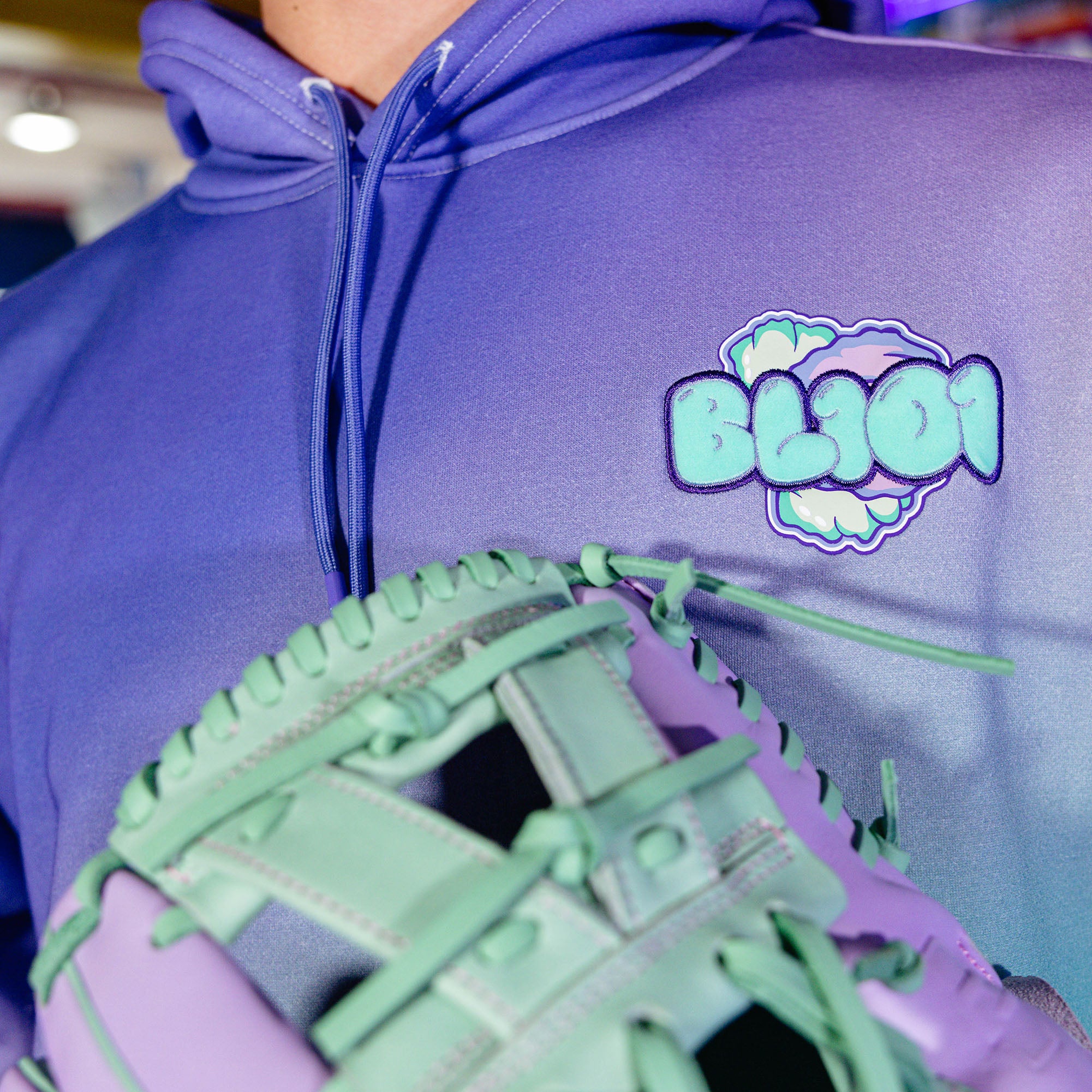 Adult model wearing Cotton Candy Galaxy Grape hoodie