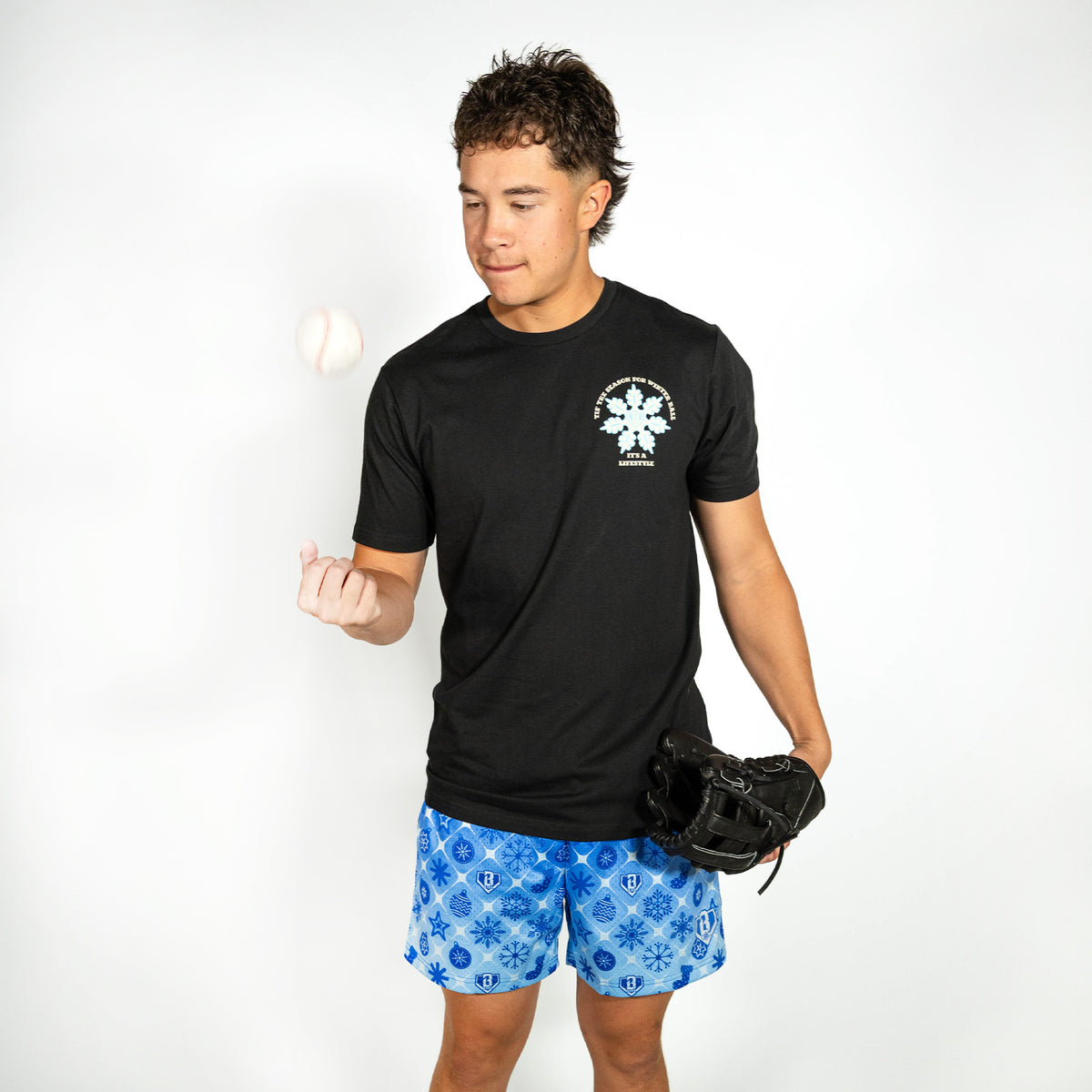 Adult model wearing blue shorts with "Frozen Diamond" design