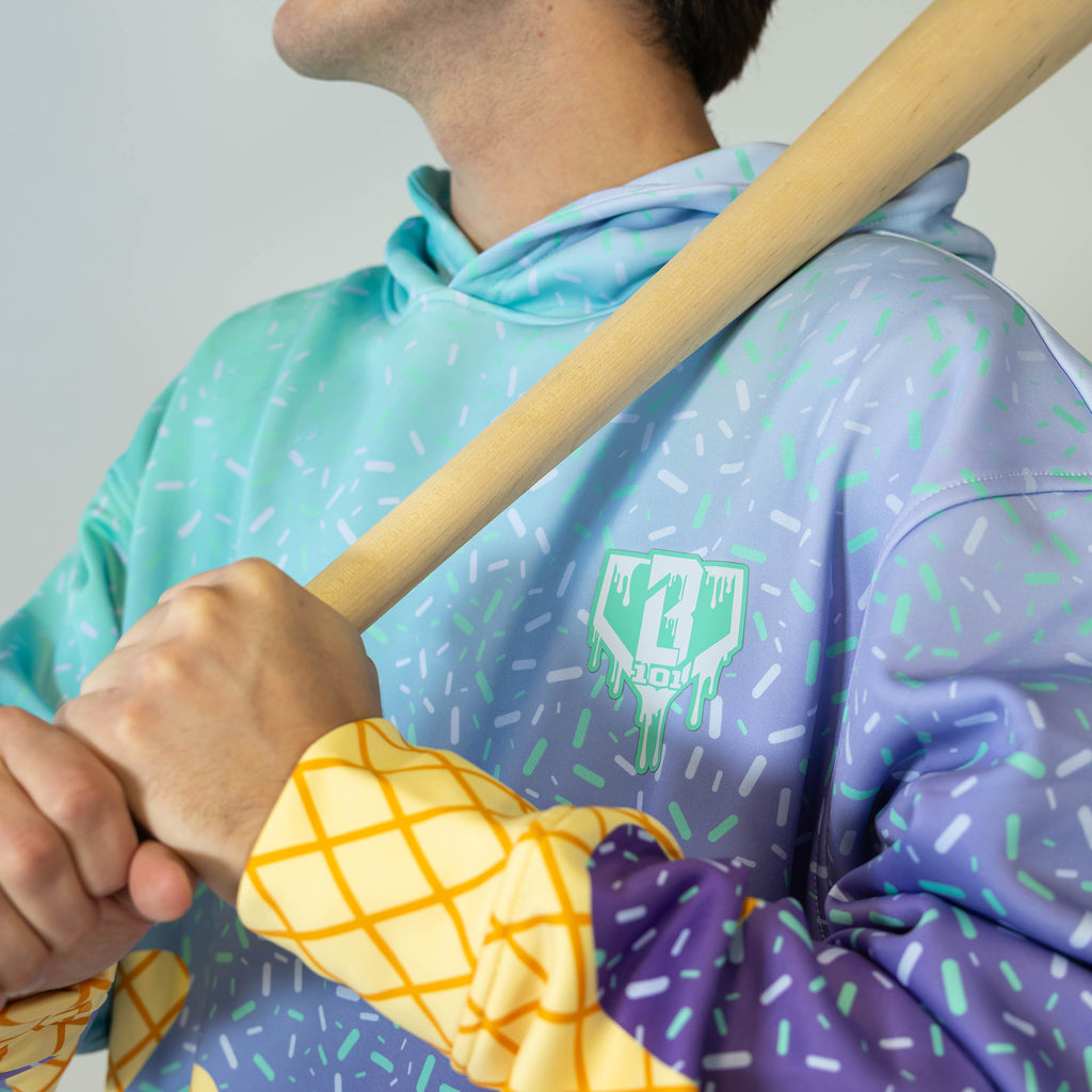 Adult model wearing multi-color Ice Cream Galaxy Grape hoodie with "Ice Cream" design