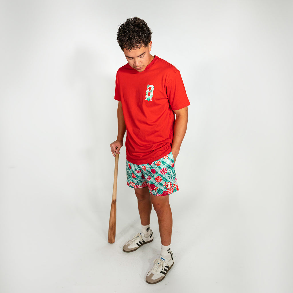 Adult model wearing teal shorts with "Peppermint Plaid" design