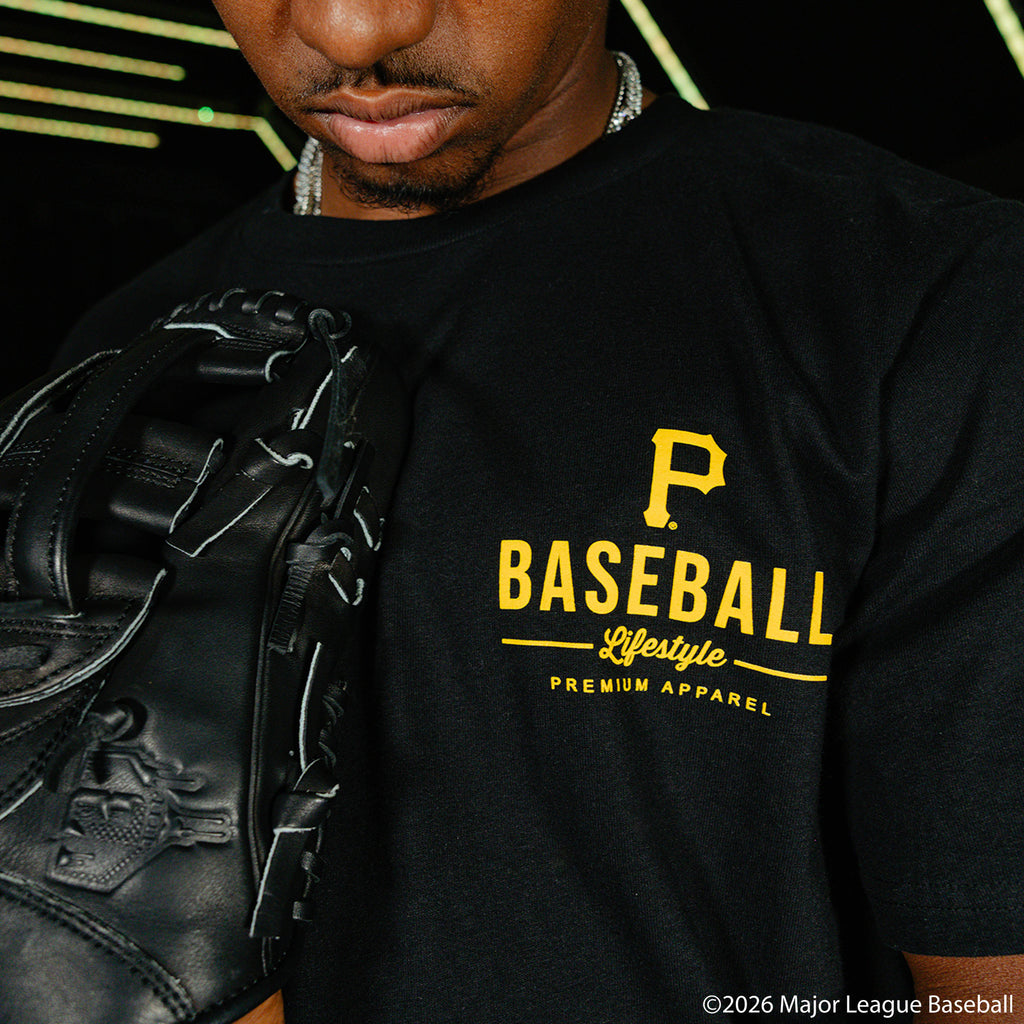 Adult model wearing black graphic tee with "Pittsburgh Pirates Ice Cream Cap" design