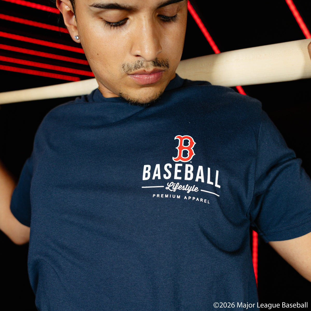 Adult model wearing navy graphic tee with "Boston Red Sox Ice Cream Cap" design