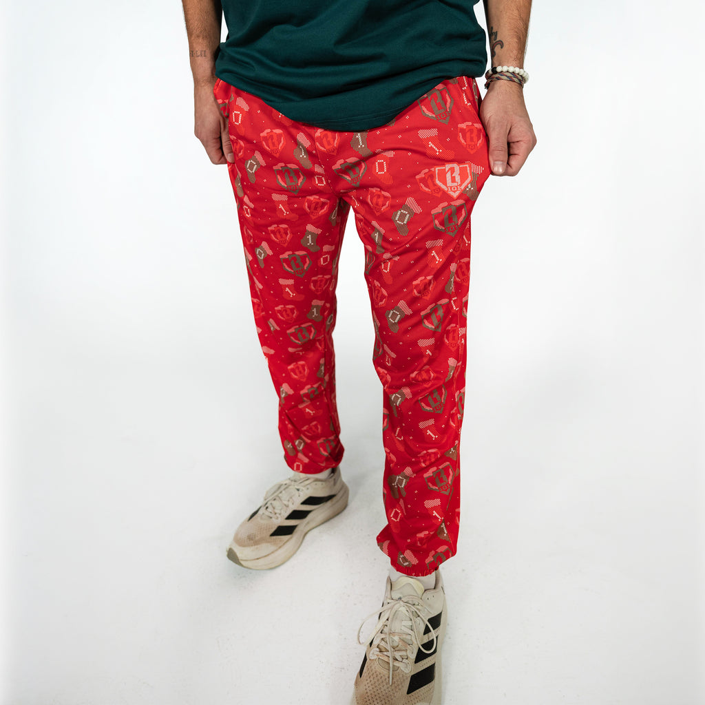 Adult model wearing red Stitched For The SZN pajama pants