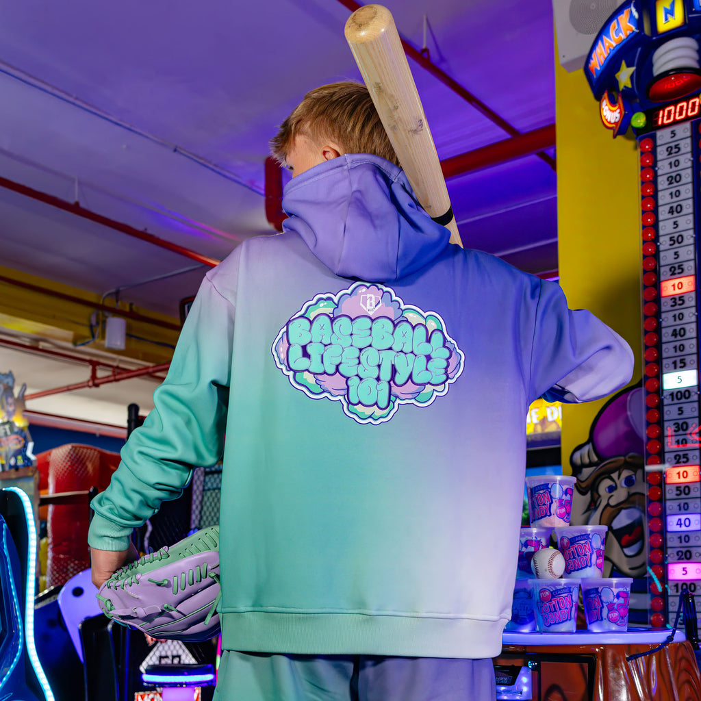 Adult model wearing Cotton Candy Galaxy Grape hoodie