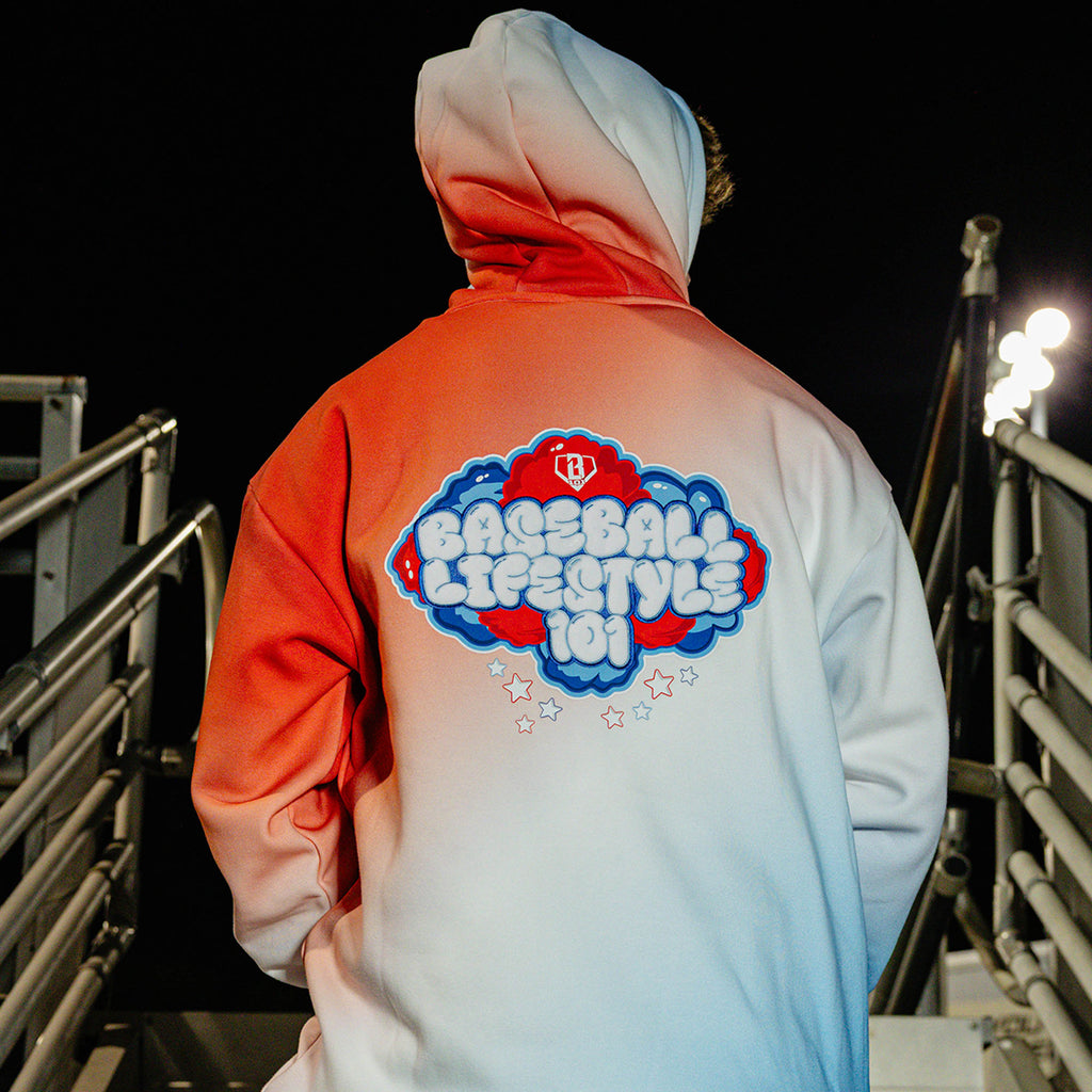 Adult model wearing red, white & blue Cotton Candy USA hoodie
