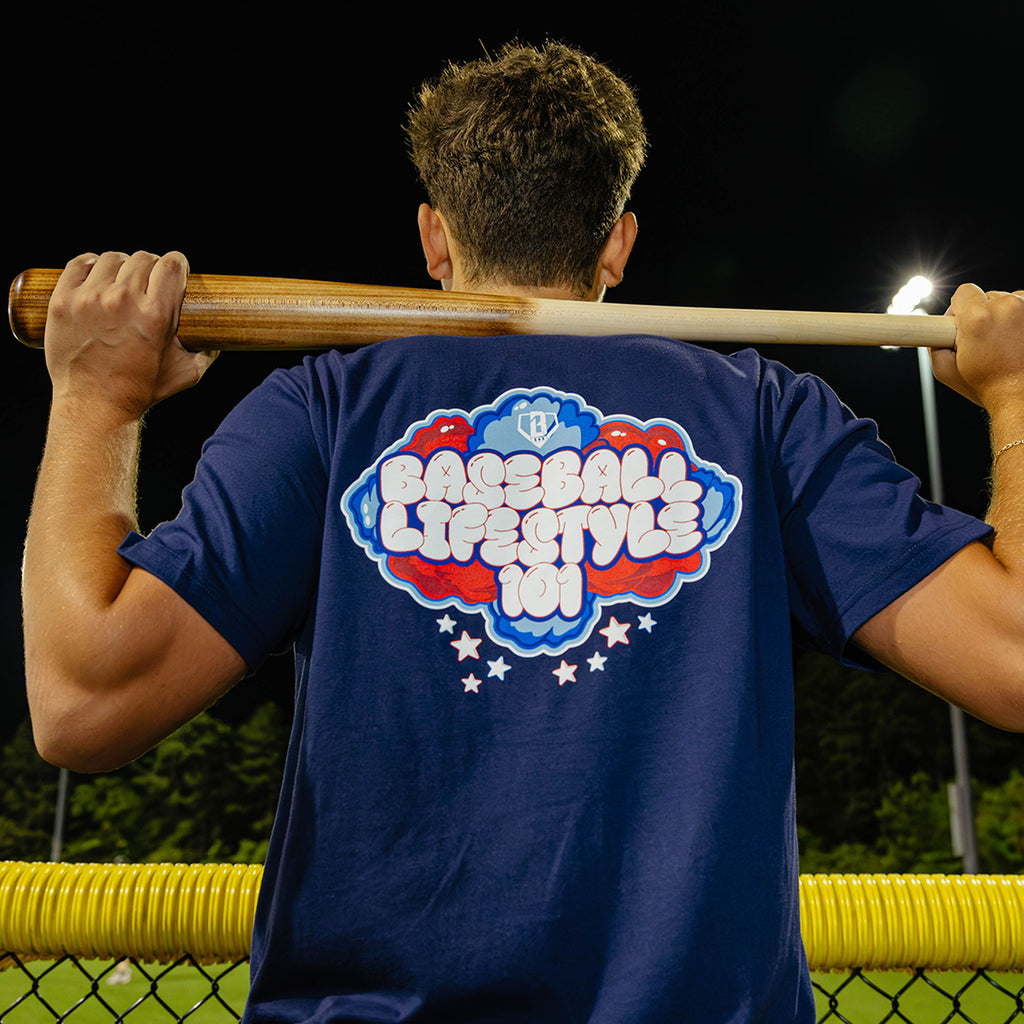 Baseball Lifestyle 101 navy 4th of July cotton candy tee, red, white, and blue