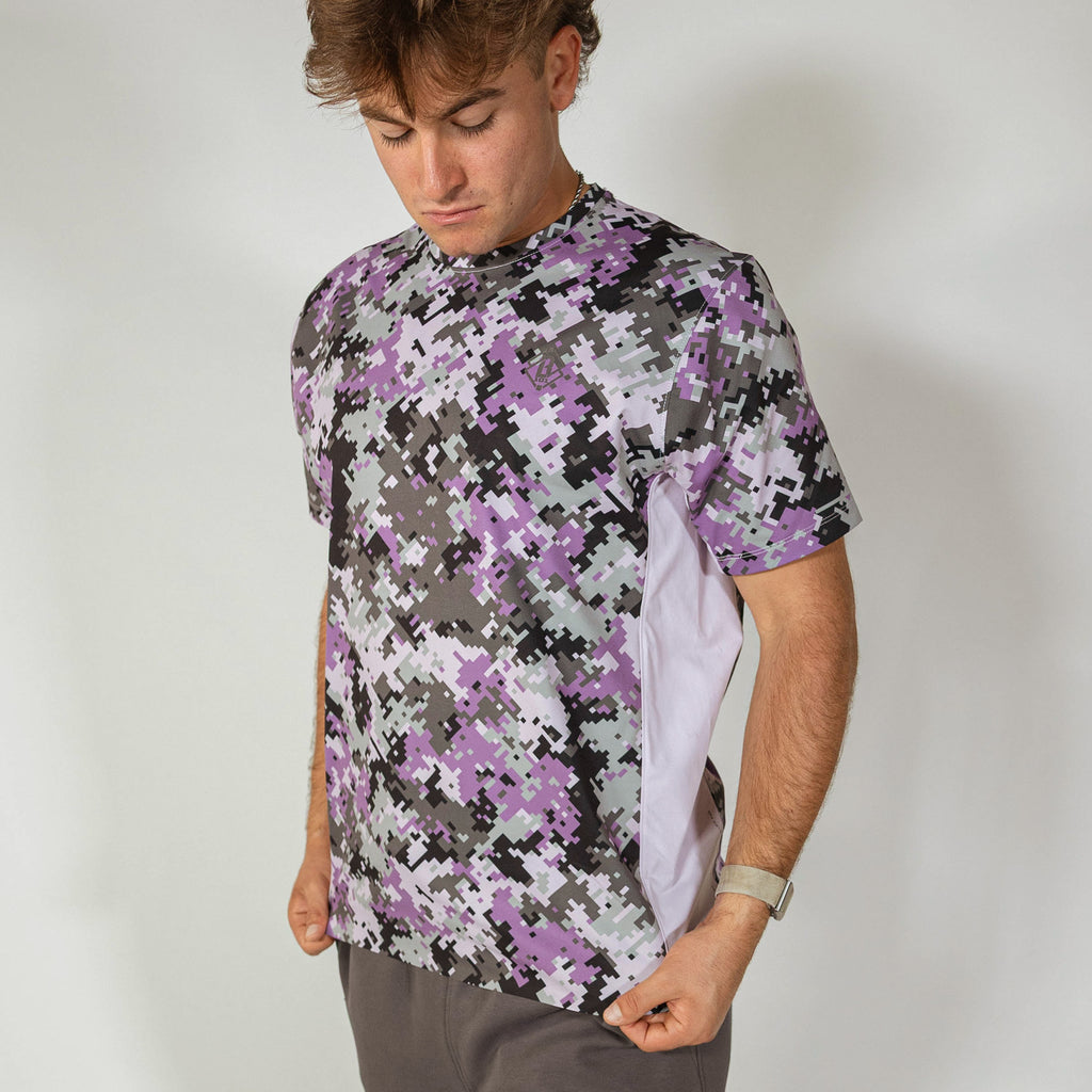 Adult model wearing multi-color Digi Camo Diamond Tech vented tee