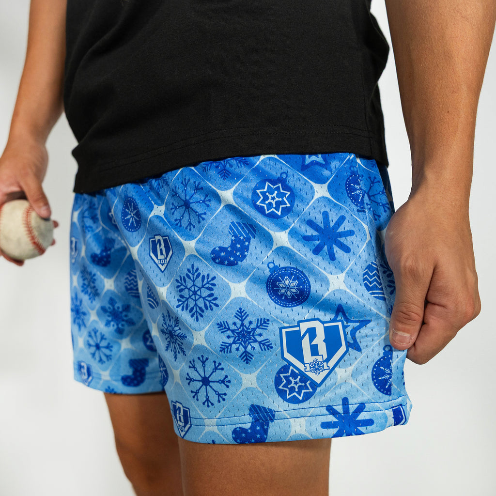 Adult model wearing blue shorts with "Frozen Diamond" design