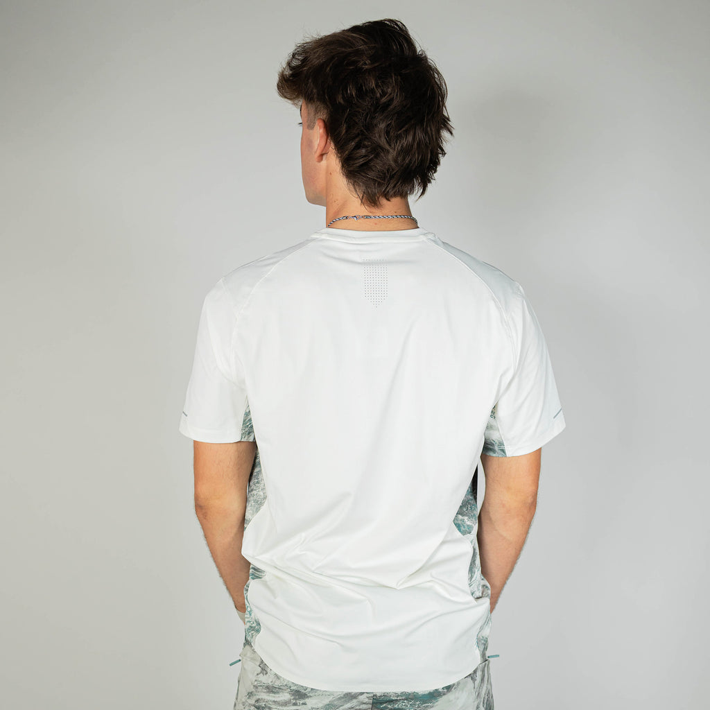 Adult model wearing white Realtree Aspect Diamond Tech Camo vented tee